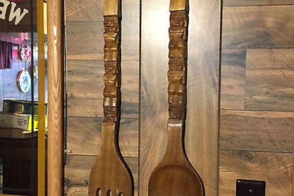 Large wooden fork and spoon wall decor