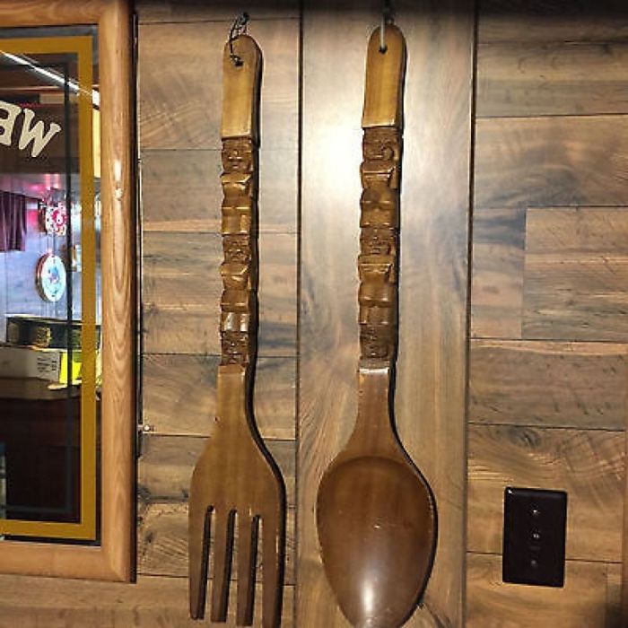 Large wooden fork and spoon wall decor