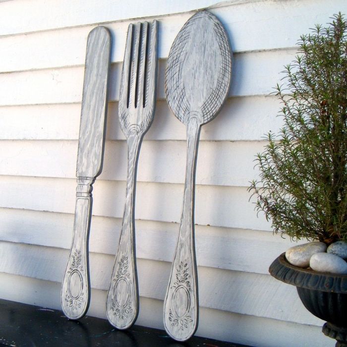 Wooden fork and spoon wall decor